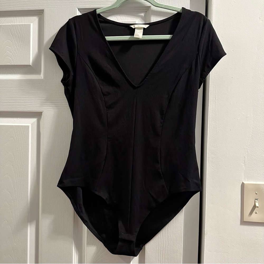 H&M Bodysuit, Short Sleeves, Black, Size L